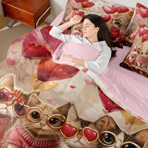 Image of Cute Cats Twin Comforter Set Pink Heart Balloons Decor Bedding Sets Valentine's Day Romantic Lovely Kitty Bedroom Decor Comforter,Flat Sheet,Fitted Sheet,2 Pillowcases,2 Pillow Covers,7 Pieces