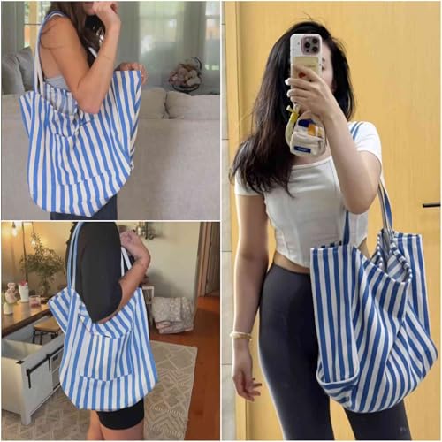 Bolso tote de lona para mujer, tamaño mediano con rayas miniatura 2