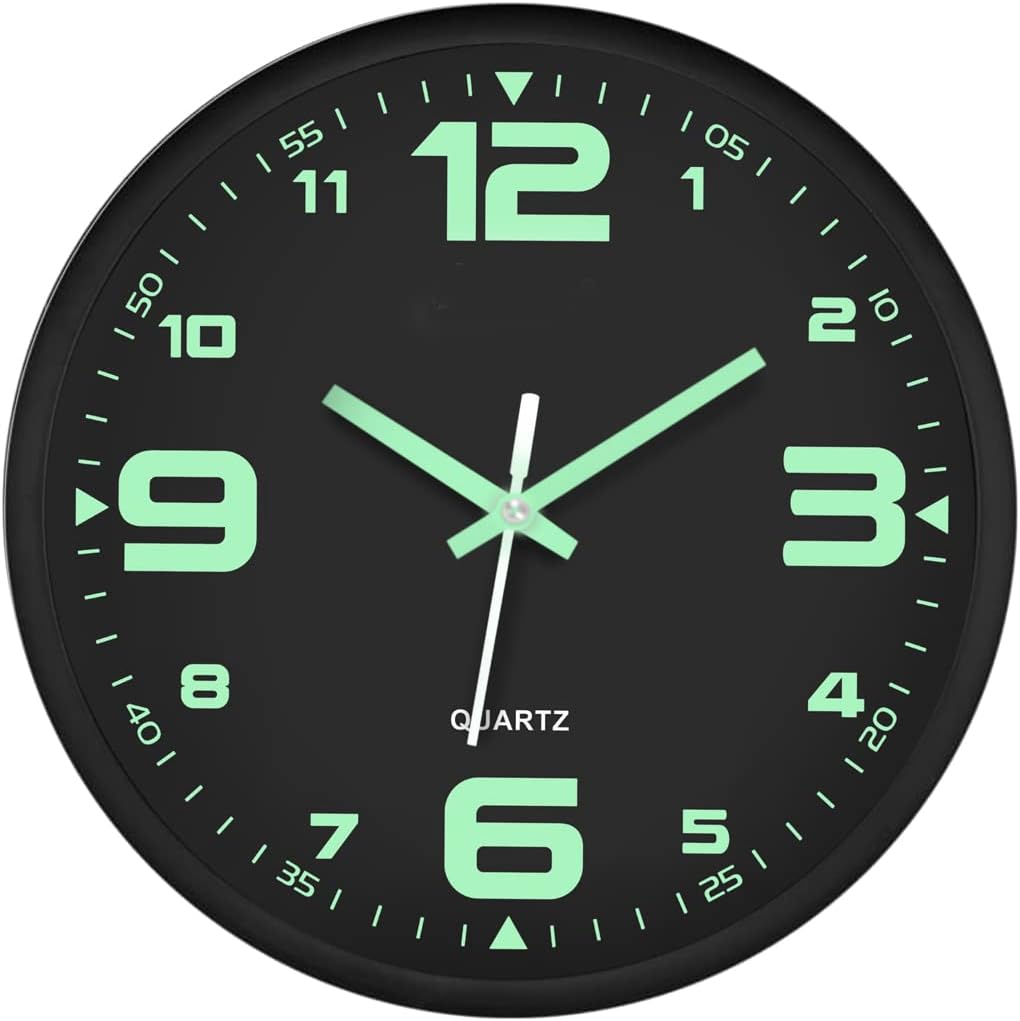 Printgram Quartz Silent Sweep Movement Radium Wall Clock for Home Office Bedroom Night Glow in Dark Night Vision (12 Inches, Black) ,Plastic