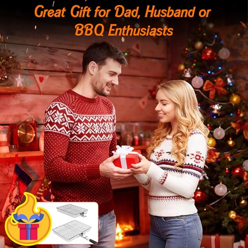Grill Baskets for Outdoor Grill, 2PCS BBQ Grilling Basket with Removable Wooden Handle, Stainless Steel Camping Cooking Grill Accessories for Meat Fish Vegetable Seafood, Gifts for Men Dad Husband