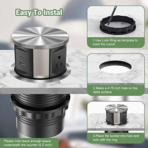 Automatic Pop Up Outlet,Pop Up Power Outlet Charging Station With 3 Ac Plug & 1 Usb A And 1 Usb C Port, Recessed Power Strip Pop Up Socket For Kitchen Countertop Conference Table, Etl Listed #TOP2
