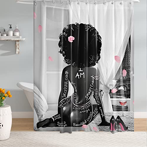 Tyakasha African American Woman Shower Curtain Fashion Black Girl Pink Rose High Heels Waterproof Polyester Fabric Bathroom Decoration Quick Dry 72 X 72 Inches With 12 Hooks #TOP6