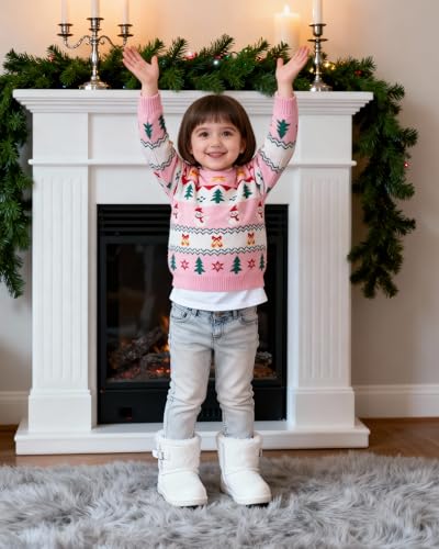 Image of Toddler Christmas Sweater Snowman Girls Knit Crewneck Snowflake Pullover Kids Cute Xmas Pink Clothes Tops 3-7 Years