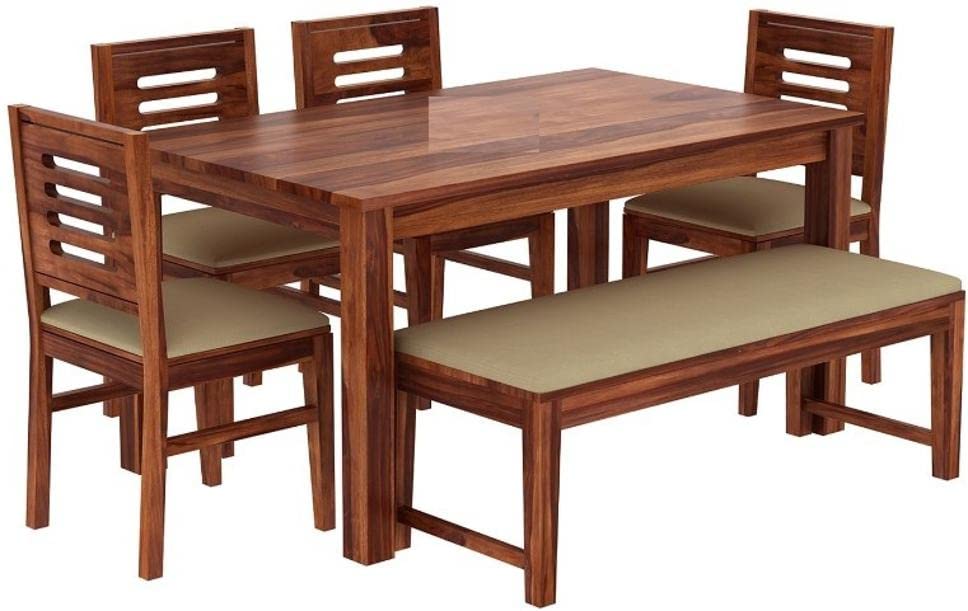 Image of AADITYA WOODS Solid Sheesham Wood Six Seater Dining Table Set with Chairs for Living Room Wooden 6 Seater Dining Table Set for Office Restaurant Modern Dining Room Set- Honey Teak & Cream