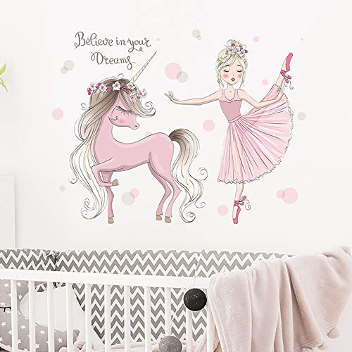 Image of Cute Little Girl Dancing with Unicorn Wall Stickers for Kids Room Bedroom Living Door Study Boho Decoration Sticker Baby Boy Bedroomplayroom Decor, Self-Adhesive, Wall, 60 Cm, 1 Cms