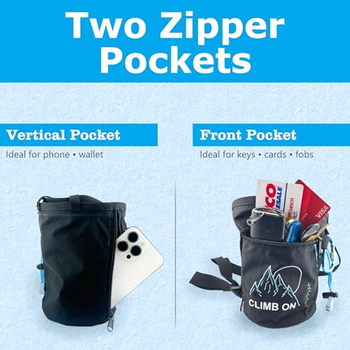 “Climb On” Chalk Bag for Rock Climbing, Bouldering, Top Rope | Includes Carabiner, Adjustable Belt, 2 Zippered Pockets, Wide Opening