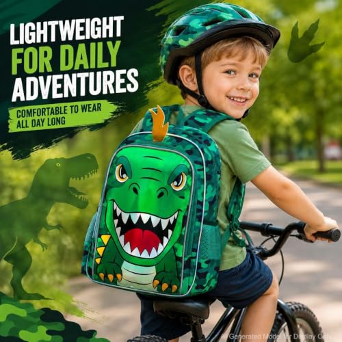 Image of 16 inch Dinosaur Backpack for Boys, 3Pcs Dino Kids Bookbag with Lunch Box, School Backpacks for Elementary Preschool Kindergarten (Green)