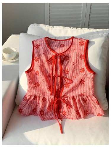 GORGLITTER Women's Gingham Tie Front Tops Floral Bow Peplum Tops Summer Y2K Babydoll Blouse Shirt4