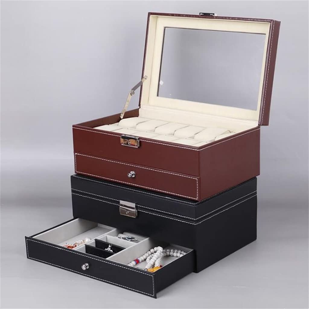 12 rejillas de cuero PU caja de reloj organizador de doble capa reloj joyería almacenamiento y caja de presentación con cerradura palabra (color rojo, tamaño: 30,2 x 20 x 13 cm)