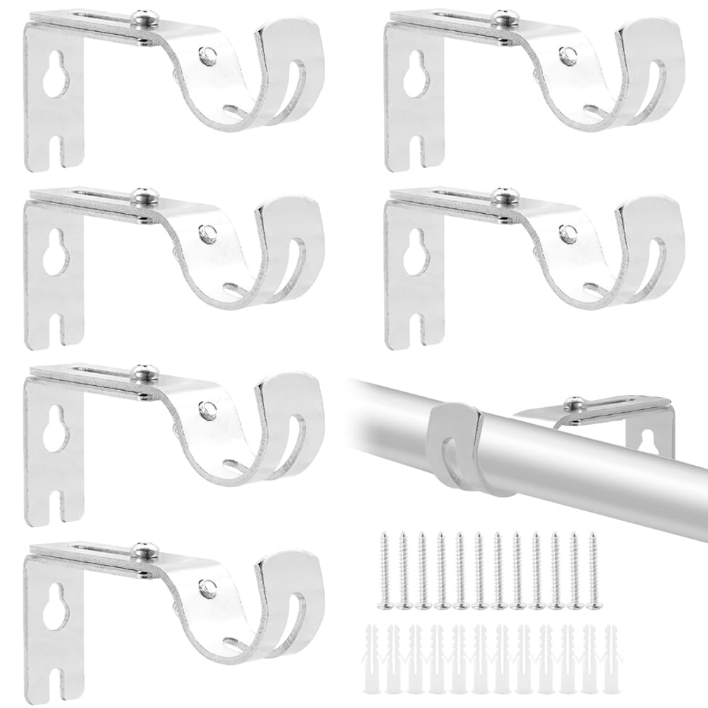 6 Staffe Regolabili Per Aste Tende - Colore Argento - Set Con Viti E Tasselli - Per Soggiorno, Camera, Bagno
