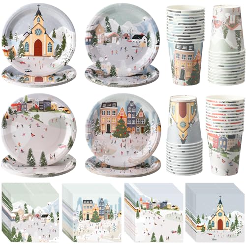 Yungyan 144 Pcs Winter Village Party Supplies Holiday Paper Dinner Plates Disposable Napkins and Paper Cups Tableware Set for Winter Holiday Christmas Party Decor Gift Serves 48