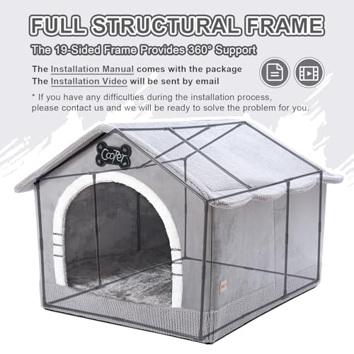 Jiupety Indoor Dog House with Frame, Large Dog Cave Bed, Insulated Cozy, Suitable for 60-100 lb, Jumbo (38"×30"×28"), Gray - Image 4