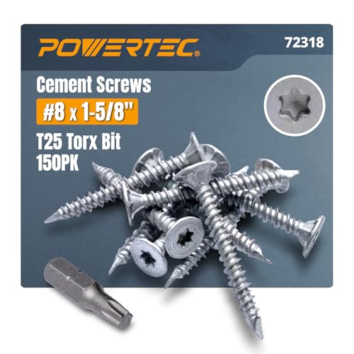 Image of POWERTEC Cement Screws #8 x 1-5 /8″, Ruspert Coated Concrete Screws with T25 Torx Star Drive Bit - High-Low Thread Masonry Screws for Cement Board, Concrete & Brick, 150-Pack (72318)