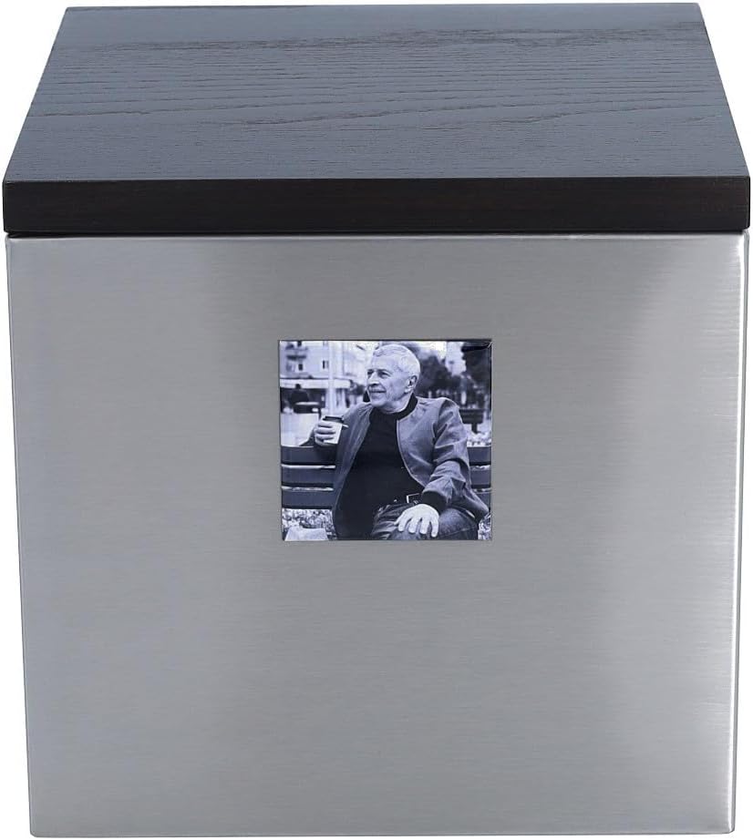 Adult Cremation Urn – Stainless Steel Memorial Box with Wooden Lid, Photo and Custom Plaque, Modern Urn for Ashes (Black & White)