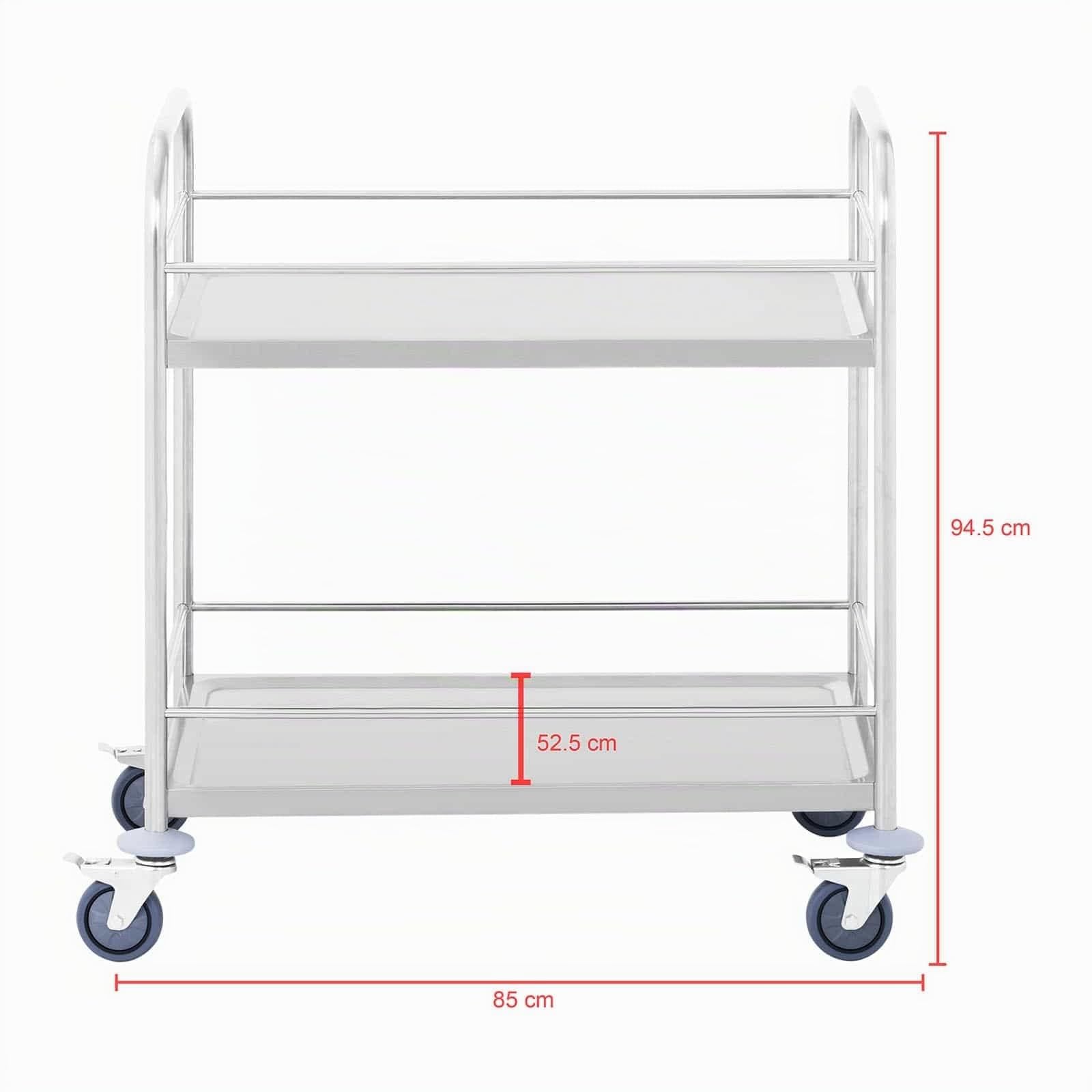 Royal Catering - Servierwagen Küchenwagen (2 Borde, 2 x 50 kg Tragkraft, 85 x 52,5 x 94,5 cm, 48 cm Abstand, Leichtlaufräder, Feststellbremse, Edelstahl) Silber