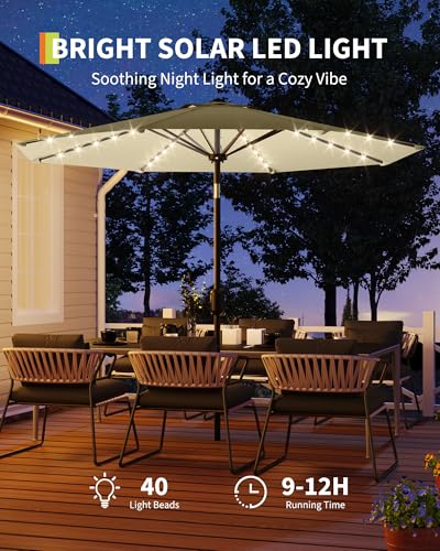 10 Ft Patio Umbrella with Solar Lights, 8 Ribs Outdoor Market Table Umbrella with 40 LED Lights & Tilt Crank for Pool, Deck, Backyard, Beige