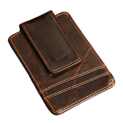 Image of Le'aokuu Genuine Leather Magnet Money Clip Credit Card Case Holder Slim Wallet