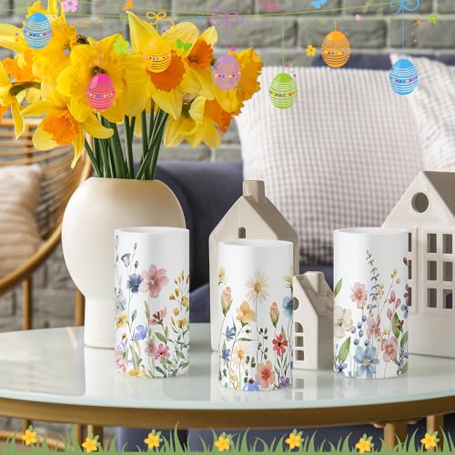 Image of Retisee 3 Pcs Spring Wildflower Flameless Candles Spring Floral Battery Operated Flickering LED Candles with Remote Floral Gifts Decoration for Easter Wedding Table Centerpieces Home Living Room Decor