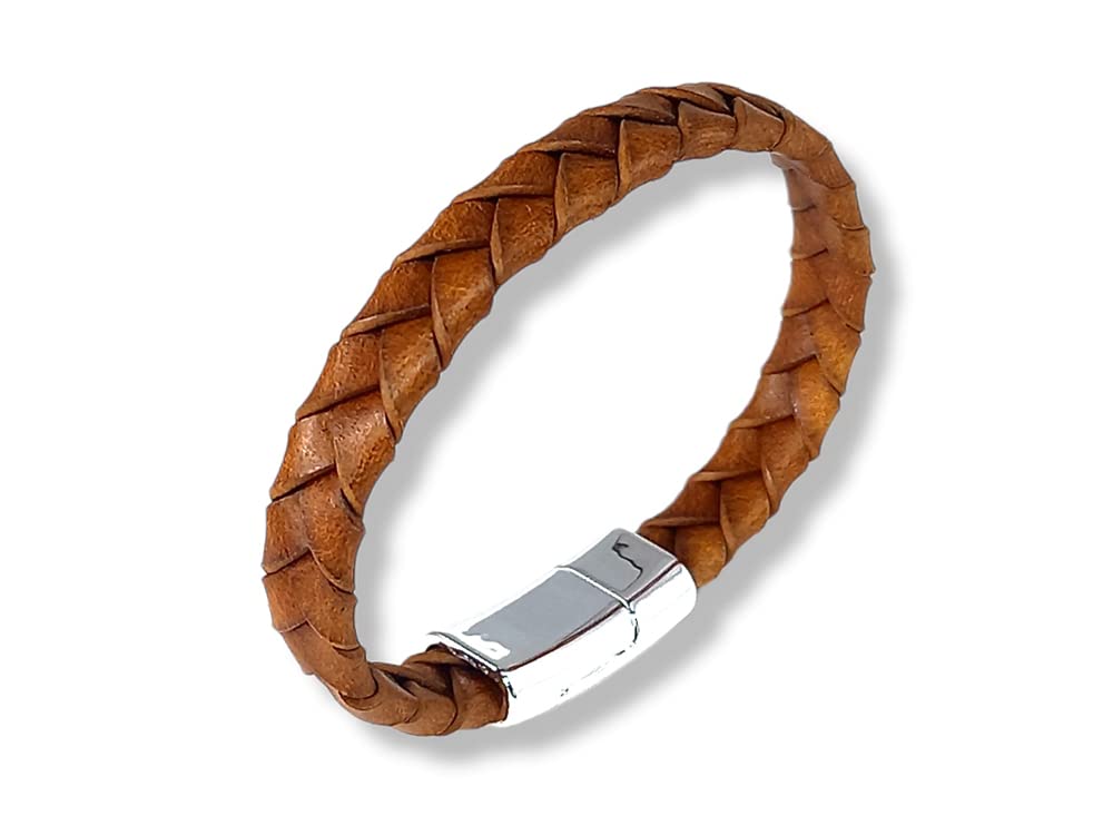 LuZ ITALY Pulsera hombre en cuero trenzado - Marron Miel - Varias tallas - Cierre en acero inoxidable