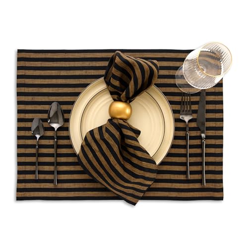 Image of Solino Home 100% Linen Napkins, 20 x 20 in, Brown, Amalfi Stripe, Set of 4 | a finishing touch for meals, weddings and holidays, woven stripe, European flax fibres, low iron finish, OEKO-TEX Certified