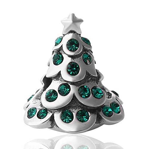 Christmas Tree Crystal Charm Authentic 925 Sterling Silver Bead Charms for Xmas Gift (Green)