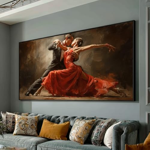 Toile tango pour salon romantique tableau expressionniste moderne robe rouge 40x80cm