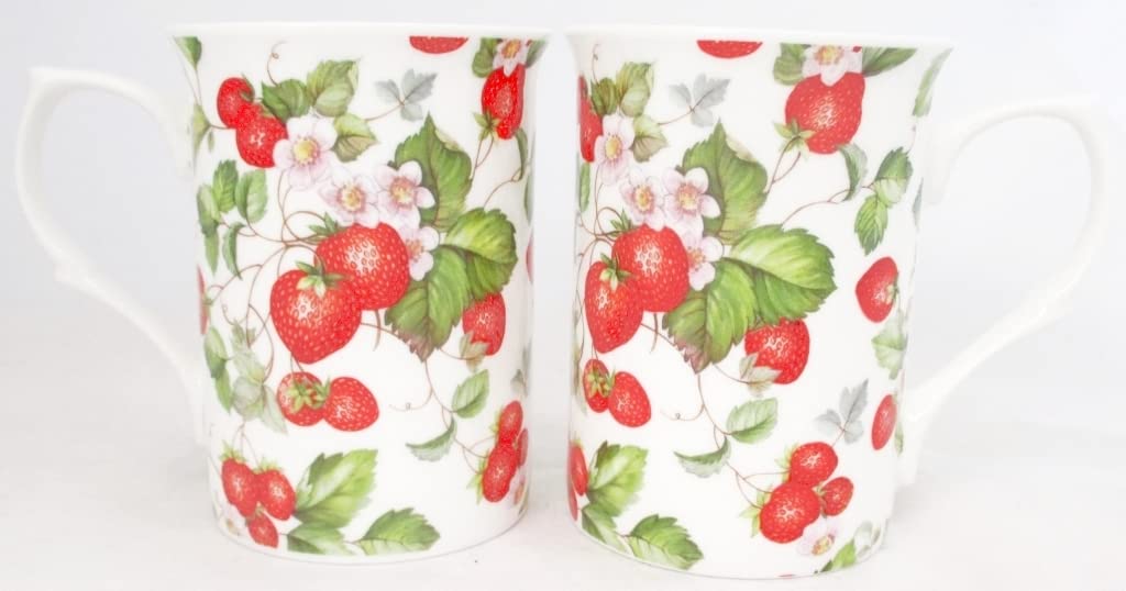 Fromeuropewithlove White Strawberry Fields Mugs Set Of 2 Fine Bone China Strawberries Mugs Hand Decorated In The Uk Free Uk Delivery
