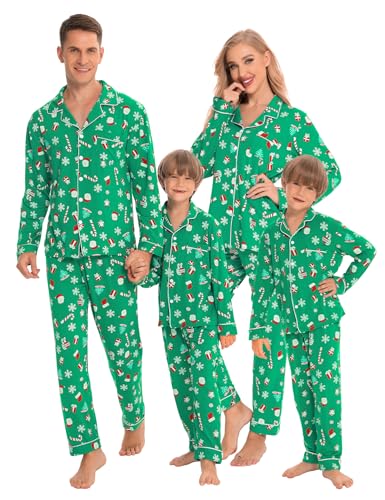 SWOMOG Family Christmas Pajamas Set Women & Men & Kids Long Sleeve Pj Set Party Sleepwear Button-Down Loungewear Set Men Green With Santa Claus X-Large