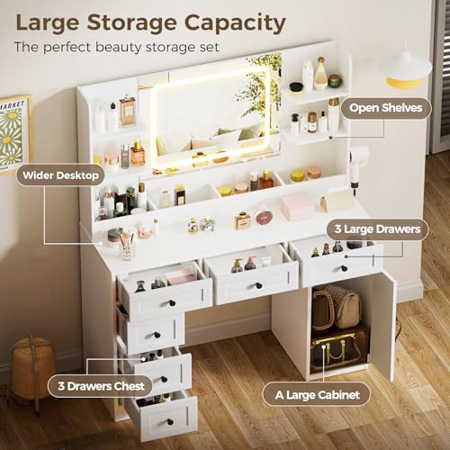 COMHOMA Makeup Vanity Desk with Mirror and Lights, Large Vanity Table with 6 Drawers & 1 Storage Cabinet, White Bedroom Dresser Table for Girls, 3 Color Modes Adjustable Mirror, White