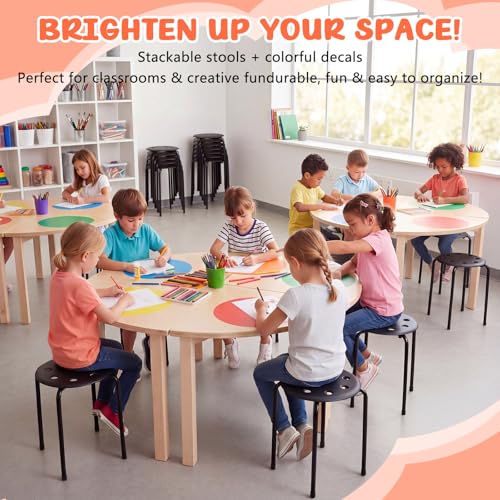 Image of Lounsweer 10 Pcs Black Commercial Furniture Stacking Stools for Classroom 24 Pcs 12 inch Colorful Dry Erase Dots Circles Portable Nesting Office Stools Removable Stickers Spots Wall Decals