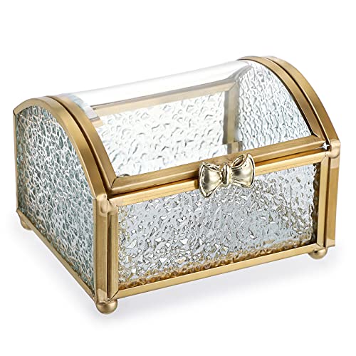 Elldoo Gold Vintage Glass Jewelry Box With Clear Lid Diamond Pattern Treasure Chest Box Rectangle Keepsake Box Trinket Box, Small Size #TOP17
