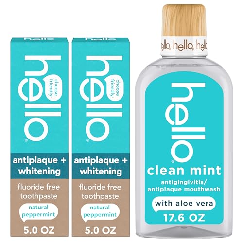 Hello Antiplaque Whitening Fluoride Free Toothpastes and Clean Mint Alcohol Free Mouthwash Bundle Pack Whitening Toothpaste and Antigingivitis Gum Mouthwash Pack No Alcohol for Zero Burning