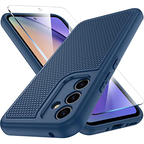 Huness Galaxy A54 5G Case & Tempered Glass Protector - Non-Slip Textured, Camera Protection, Blue #TOP28