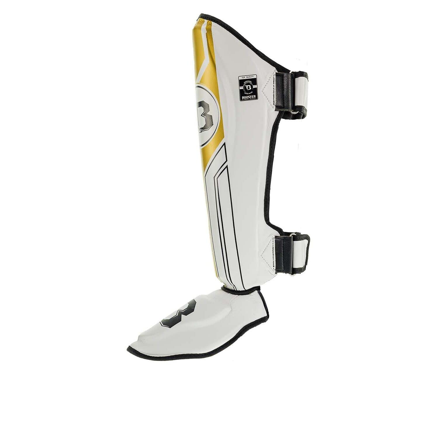 Booster Pro Range BSG V9 Schienbeinschoner – Handgefertigt in Thailand, Profi Shin Guards mit Memory-Schaum & Extra Schutz für Muay Thai & Kickboxen - Weiß/Gold - Größe M