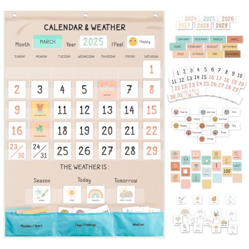 Image of Classroom Boho Calendar & Weather Pocket Chart with 111 Cards, Circle Time Learning Center for Kids and Toddler, Preschool Must Haves!