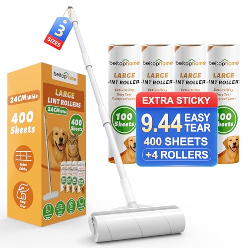 Large Floor Lint Roller with Extendable Long Handle 9.45 Extra Wide Sticky Roller 400 Sheets with 3 Refills Heavy Duty Pet Hair Remover for Floor Carpet Couch & Hard-to-Reach Areas