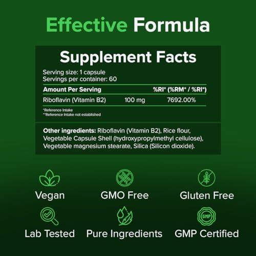 Riboflavin (Vitamin B2) 100mg, 60 Kapseln – Unterstützung für Energieproduktion & Hautgesundheit – Reine Zutaten, GMO- & Glutenfrei von Raw Powders