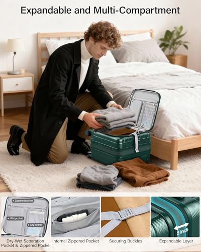 Image of Hanke 45cm Expandable Mini Cabin Trolley Bags, Hard Shell Polycarbonate Top Opening Suitcase, 8 Silent Spinner Wheels, Lightweight Carry On Luggage for Daily Commute & Short Travel,Blackish Green