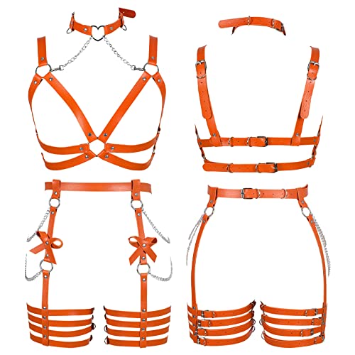 Womens Harness Leather Body Chain Bowknot Lingerie Garter Belts Set Hollow Out Christmas Dance Fashion Clothing (Orange)