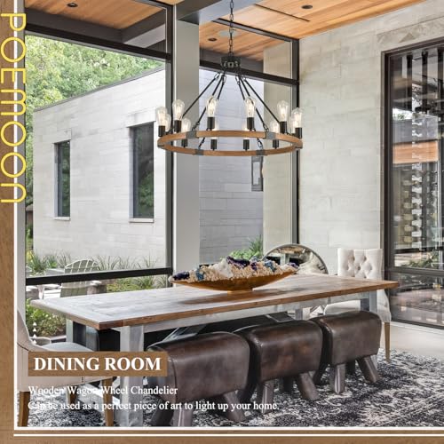 Image of Oak Wooden Wagon Wheel Chandelier 12-Light 31.5 inch Light Fixture
