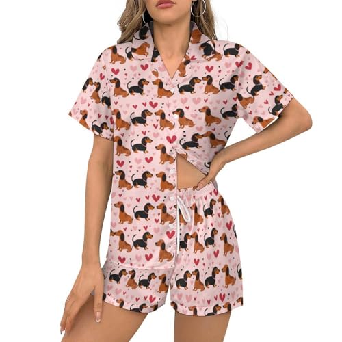 KiuLoam Pink Dachshund Dog Heart Womens Summer Pajamas Set 2 Piece Soft Satin Sleepwear Short Sleeve Loungewear Pjs With Pockets Size L