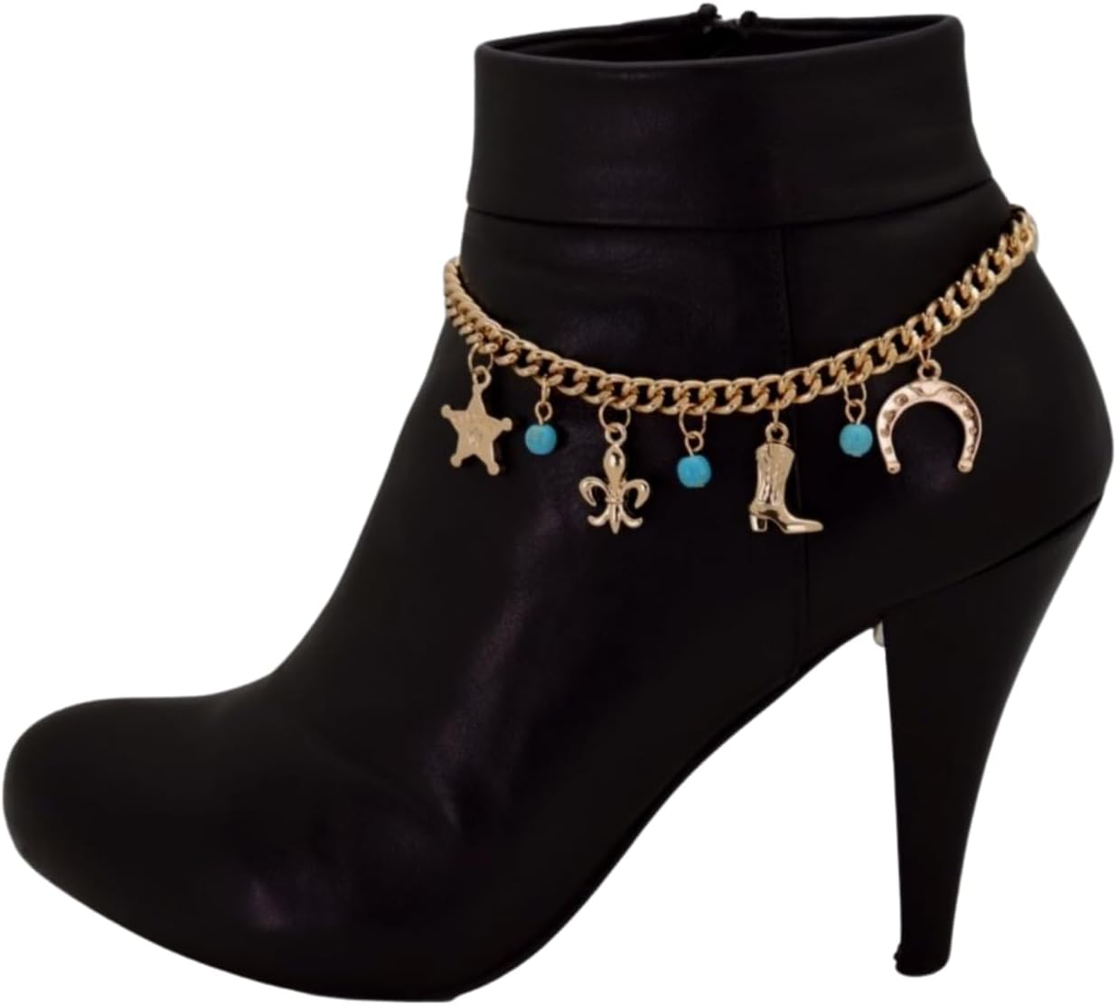 Women's Boho Western Boot Chain Jewelry Pair, Gold Tone Anklets With Turquoise Beads And Charm Drops, Adjustable 11-15 In BC244