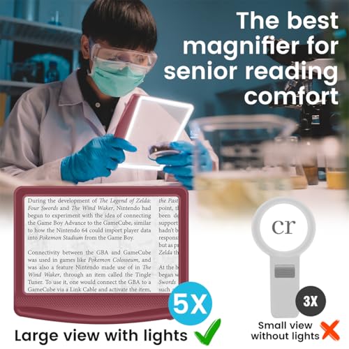 Image of Rechargeable 5X Magnifying Glass for Reading, Large Bright Full Page Magnifier with Light, Handheld LED Dimmable Lighted, Lightweight Book Magnifier for Reading Small Prints Seniors - Red