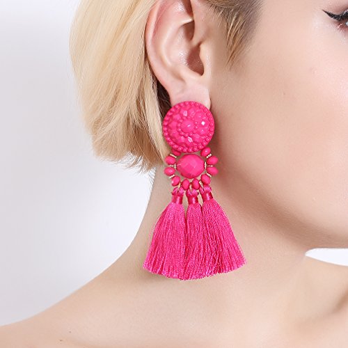 Boderier Bohemian Statement Thread Tassel Chandelier Drop Dangle Earrings With Cassandra Button Stud (Watermelon Red) #TOP2