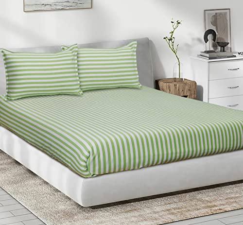 Image of AIRWILL, 200GSM Handloom Cotton Double Bedsheet with 2 Pillow Covers (Candy Stripe Green)