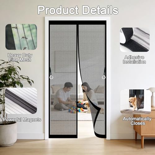 Moustiquaire magnétique pour porte 245x90 rideau maille fine noir sans perçage