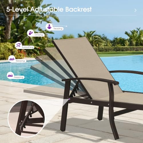 PURPLE LEAF Outdoor Chaise Lounge Chair Set of 3 Patio Pool Lounger Aluminum Chairs with Side Table and Wheels Adjustable Tanning Recliner with Armrests for Outside Backyard Deck Beach, Pebble Gray — view 5