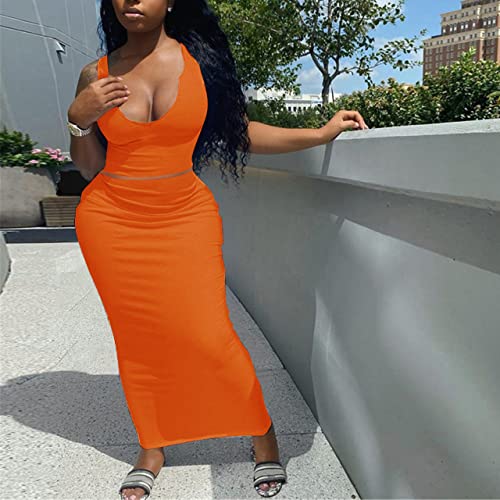 Image of Women Sexy Two Piece Skirt Outfits Long Sleeve /Sleeveless V Neck Bodycon Ribbed Knitted Maxi Club Party Dress