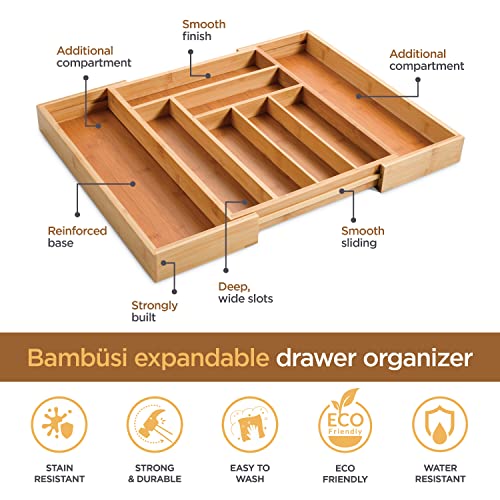 Expandable Bamboo Silverware Organizer - Kitchen Drawer Organizer, Utensil Holder - Drawer Organization And Storage In Kitchen, Bathroom Or Bedroom, 17” Long, Adjustable From 13” - 22.2” Wide, 2” Deep #TOP3