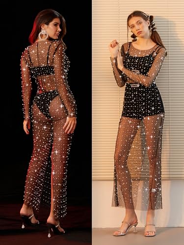 Womens Pearl Dress Mesh Sparkly Rhinestone Dress Cover Up2